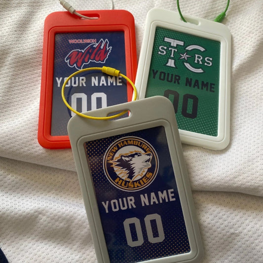 Custom Sports Bag Tags. Personalised with your player name, number and team logo. Lots of colour options available. Keep track of your gear easily. 