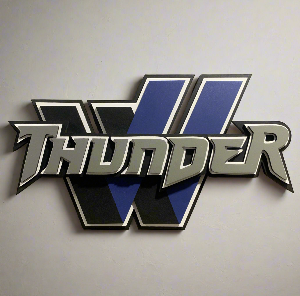 Wilmot Thunder baseball team logo. Laser cut wooden interior sign. Made of layered MDF. 