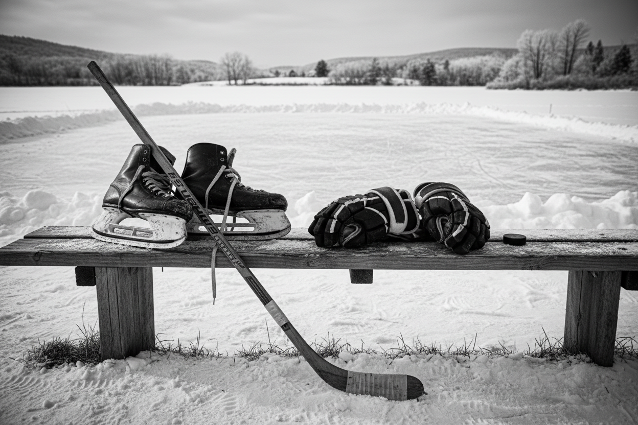 a black and white image of hockey gear on a bench beside a pond rink