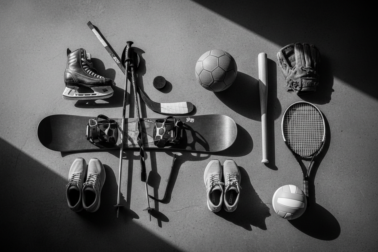 a realistic image in black and white showing different sports equipment laid out on on the floor in an organized manner. include winter and summer sports equipment 